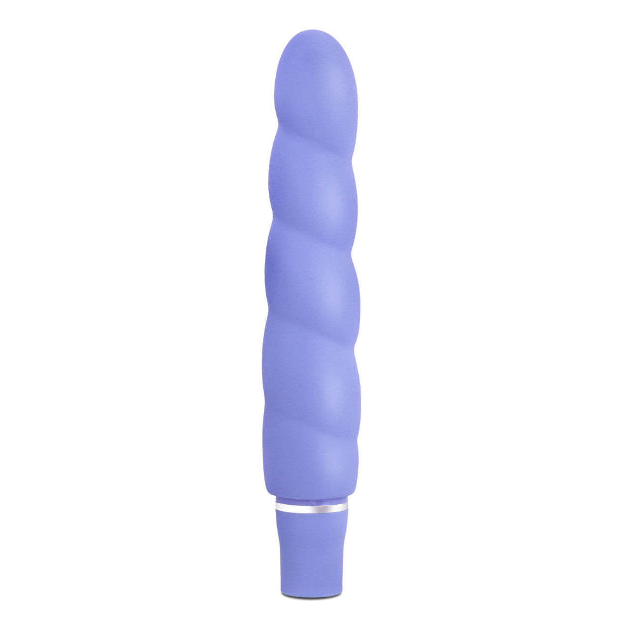 Side view of the blush Luxe Anastasia Periwinkle Vibrator, standing on its base.