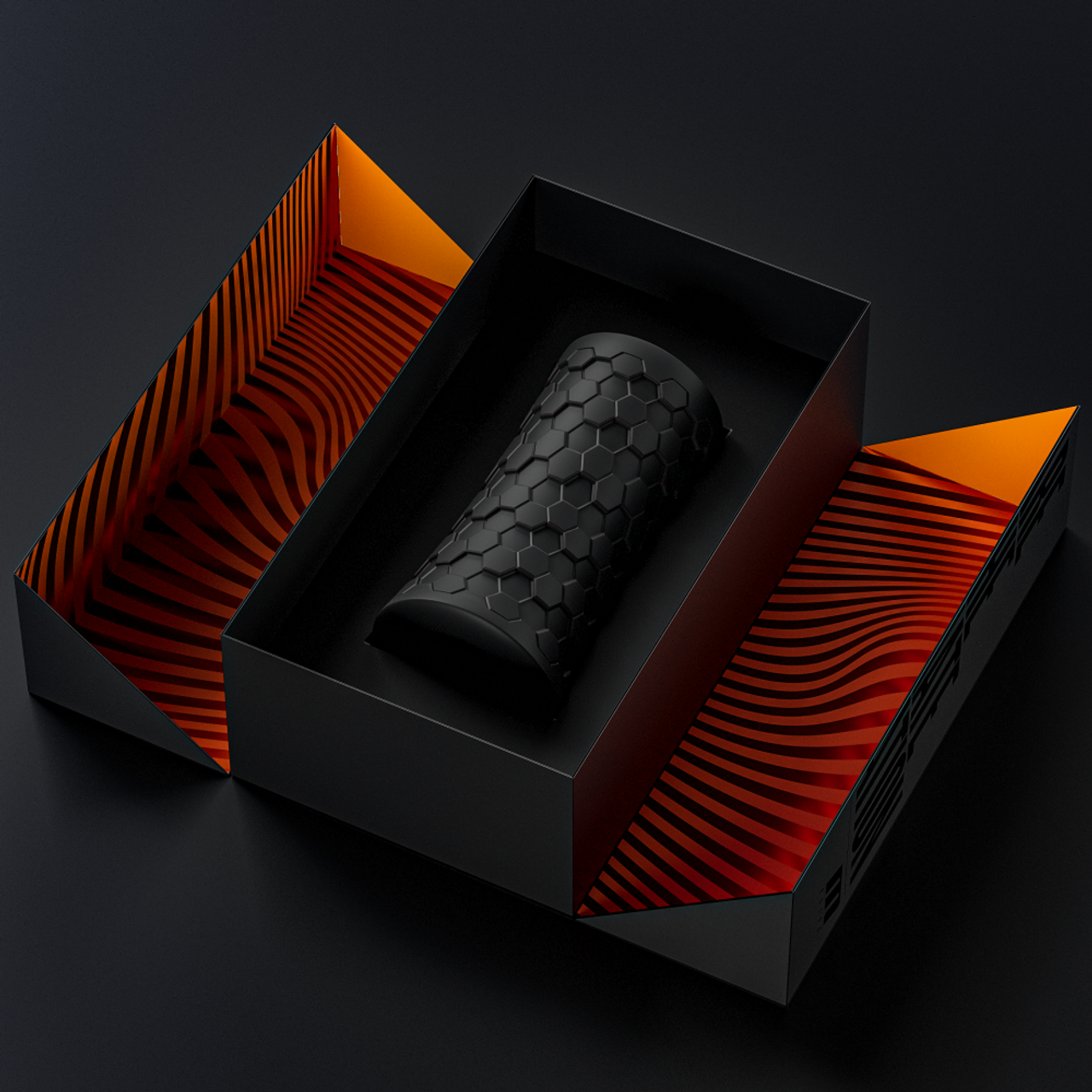 Opened package box of the bush M For Men Hekx Platinum-Cured Silicone Stroker, with the product laying inside.