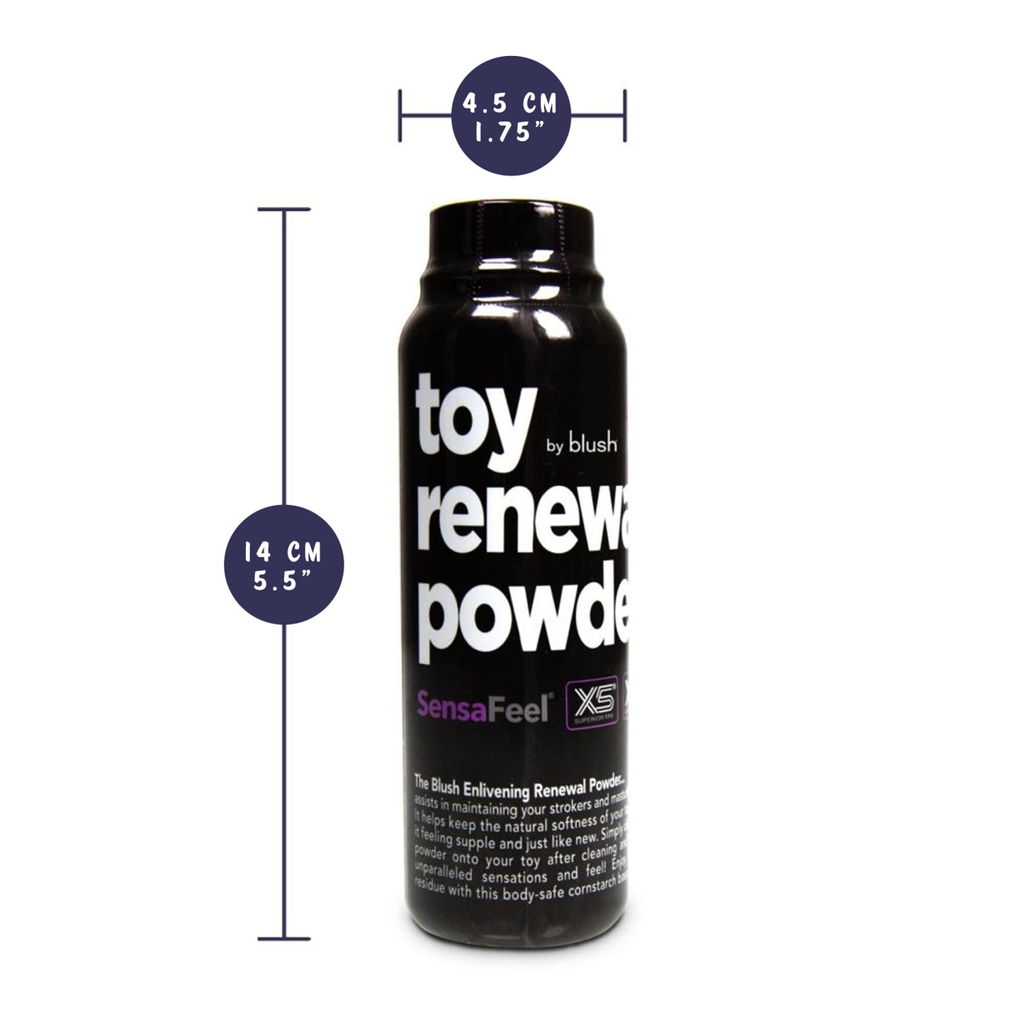 blush Toy Renewal Powder measurements: Product width: 4.5 centimetres / 1.75 inches; Product height: 14 centimetres / 5.5 inches.