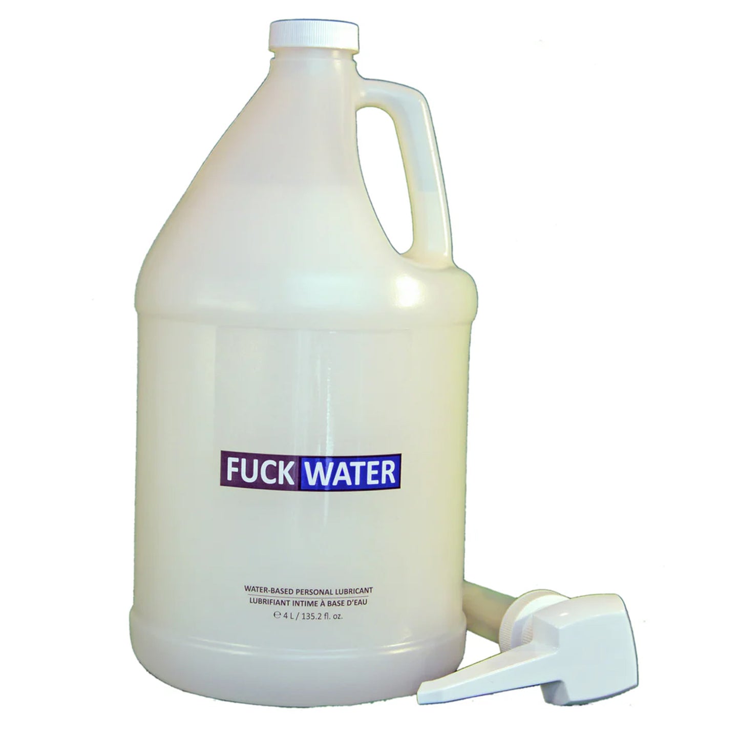 Fuck Water Water Based Personal Lube 4 l 135.2 oz, with an included pump laying beside.