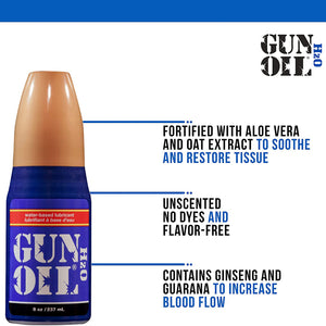 Gun Oil H2O features: FORTIFIED WITH ALOE VERA AND OAT EXTRACT TO SOOTHE AND RESTORE TISSUE (pointing to the top of the bottle); UNSCENTED NO DYES AND FLAVOR-FREE (pointing to the middle of the bottle); CONTAINS GINSENG AND GUARANA TO INCREASE BLOOD FLOW (poinitng to the lower part of the bottle).