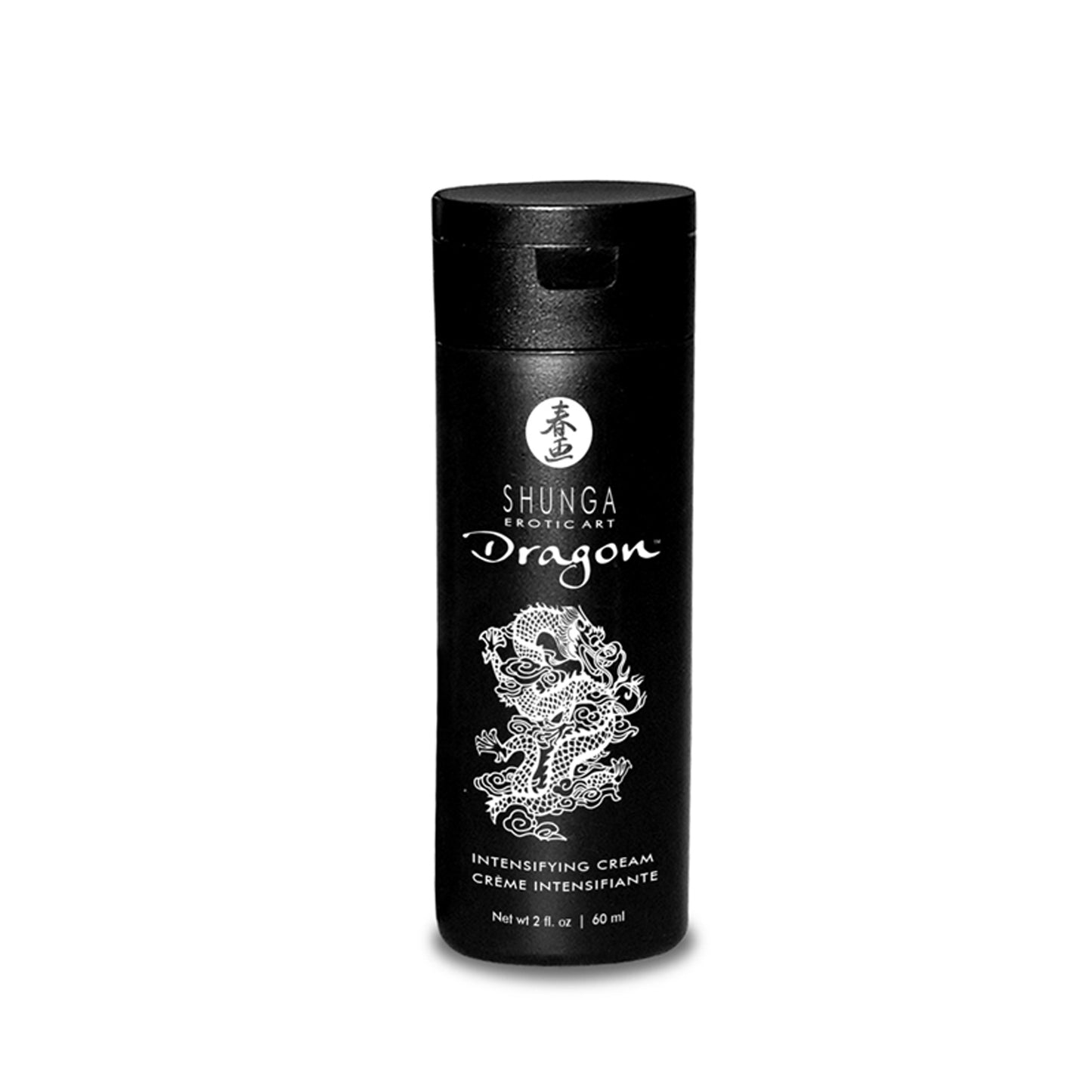 Shunga Dragon Intensifying Cream 60ml bottle featuring white dragon illustration for intense fire and ice sensation.