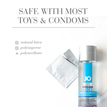 Load image into Gallery viewer, Safe with most toys &amp; condoms: natural latex (checked); Polyisoprene (checked); Polyurethane (unchecked). On the lower right side of the image is a bottle of jJO H2O Cooling Personal Lubricant, laying on its back beside a ripped open umbranded condom packet