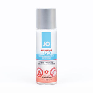 JO Warming H2O Personal Lubricant Water-Based 2 fl oz (60 ml) bottle. On the bottle are product feature icons for: Warming Formula; Lubricant Warming; Cleans Up easily with water - Rinse & Wipe.