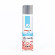 Load image into Gallery viewer, JO Warming H2O Personal Lubricant Water-Based 4 fl oz (120 ml) bottle. On the bottle are product feature icons for: Warming Formula; Lubricant Warming; Cleans Up easily with water - Rinse &amp; Wipe.