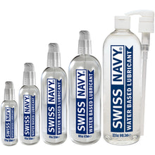 Load image into Gallery viewer, Swiss Navy Premium Water Based Lubricants Standing in a row from smallest size to largest.