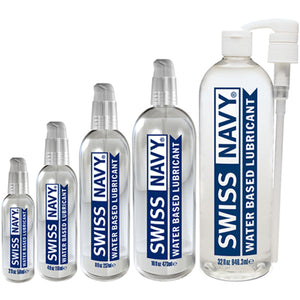 Swiss Navy Premium Water Based Lubricants Standing in a row from smallest size to largest.