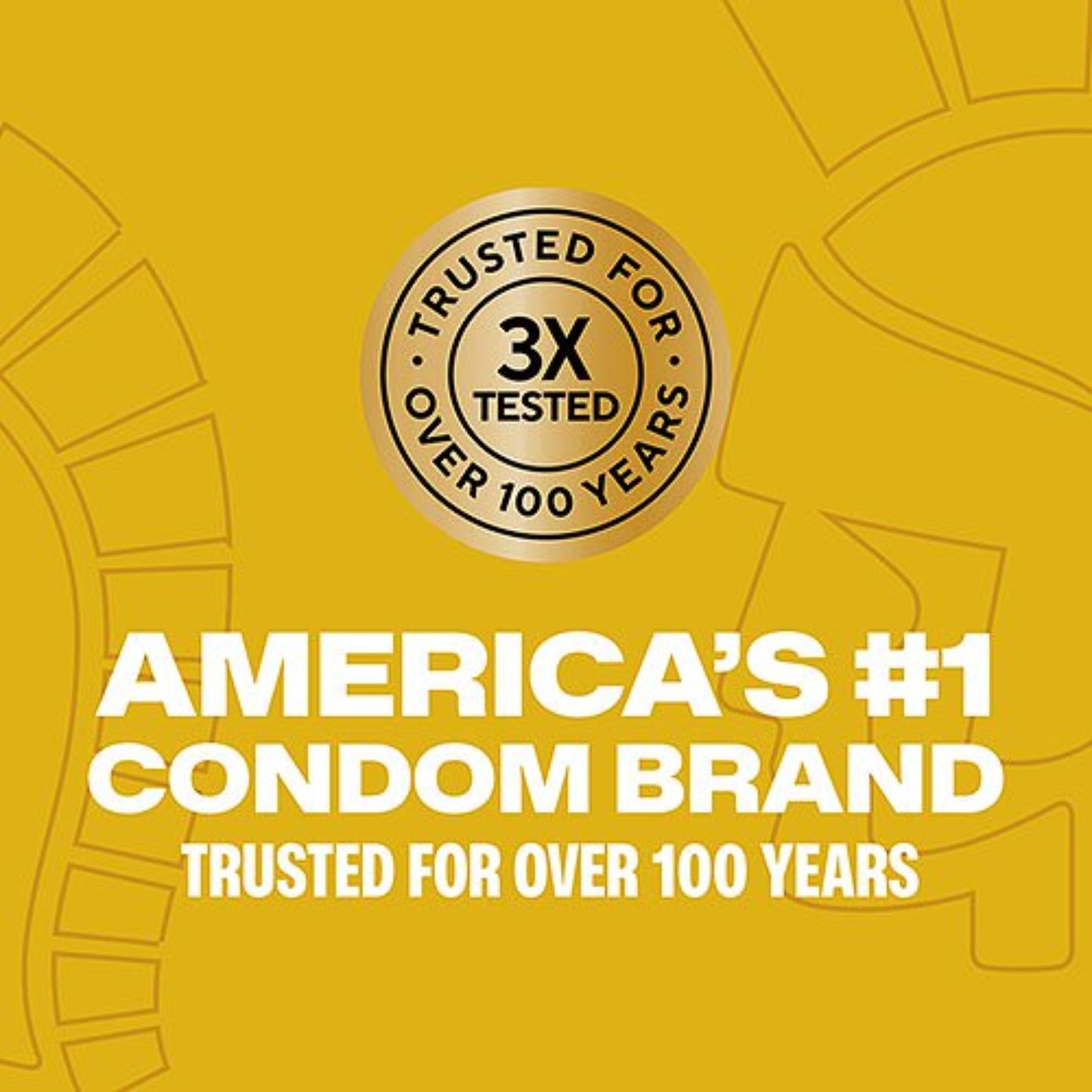 Gold graphic featuring a circular badge that reads "Trusted for Over 100 Years, 3X Tested" alongside the text "America's #1 Condom Brand, Trusted for Over 100 Years" superimposed over a subtle Trojan helmet outline.