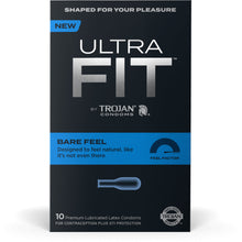 Load image into Gallery viewer, On the front of the package: Shaped for your pleasure, New Ultra Fit by Trojan Condoms Bare feel Designed to feel natural, like it&#39;s not even there, feel factor with a gauge pointing to the left, below is an illustrated image of the condom shape, 10 premium lubricated latex condoms for contraception plus STI protection, and in bottom right corner for Triple tested trojan quality.