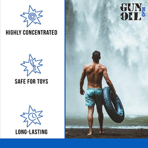 On the left side of the image are product feture icons for: Highly concentrated; Safe for toys; Long-lasting. On the right side of the image shows a picture of a male holding a black floaty tube, while approaching a giant waterfall, with the Gun Oil H2O logo in the top right.