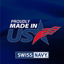 Load image into Gallery viewer, &quot;Proudly Made in USA&quot;, below is the Swiss Navy logo, against a blue background.