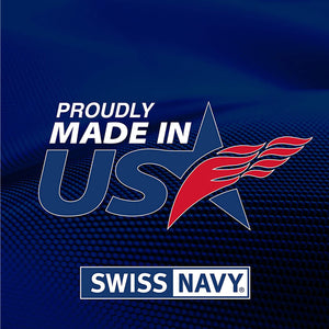 "Proudly Made in USA", below is the Swiss Navy logo, against a blue background.