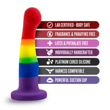Load image into Gallery viewer, blush Avant Pride Freedom Plug features: Lab certified - body safe; fragrance &amp; Paraffins free; Latex &amp; Phthalate free; Individually handcrafted; Platinum cured silicone; Harness compatible; Powerful suction cup.