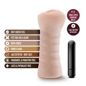 blush Ashley Vibrating Stroker features: SOFT EROTIC FEEL; FITS YOU LIKE A GLOVE; OPEN-ENDED; RIBBED CANAL; LAB CERTIFIED - BODY SAFE; FRAGRANCE & PARAFFINS FREE; LATEX & PHTHALATE FREE; SINGLE SPEED VIBRATING BULLET; 1 AAA BATTERY (NOT INCLUDED).