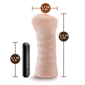 blush Ashley Vibrating Stroker measurements: Product width: 5.7 centimetres / 2.25 inches; Bullet length: 8.6 centimetres / 3.4 inches; Product length: 13.3 centimetres / 5.25 inches.