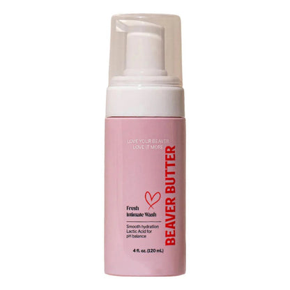 High-resolution product photography of the Beaver Butter Fresh Intimate Wash bottle, showing the "Love Your Beaver" branding and 120 ml / 4 oz volume.