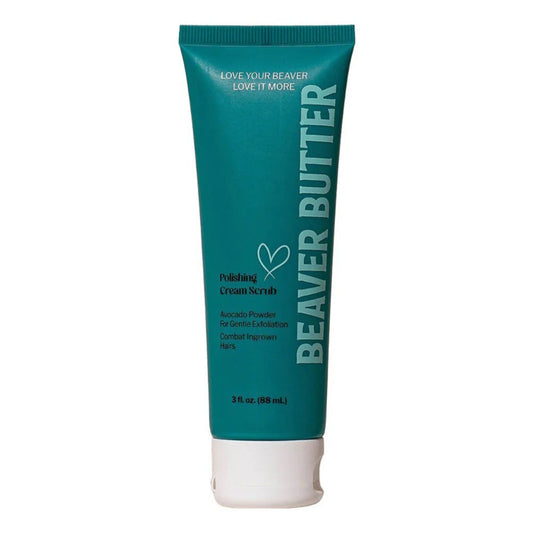 Clean studio product shot of the 3 fl. oz. (88 mL) Beaver Butter Polishing Cream Scrub tube featuring a white flip-top cap on a solid white background.