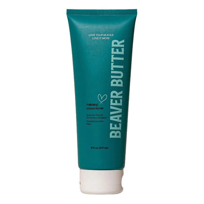 Front-facing studio product photography of the 8 fl. oz. (237 mL) Beaver Butter Polishing Cream Scrub bottle over a pure white backdrop.