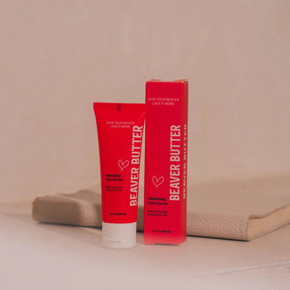 Vibrant red packaging and tube of Beaver Butter Stimulating Arousal Serum for women, 50ml, featuring Peppermint Oil for natural arousal.