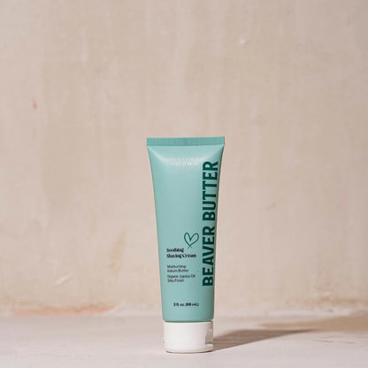 Front view of the 88 ml / 3 fl. oz Beaver Butter Soothing Shaving Cream tube with teal and white branding.