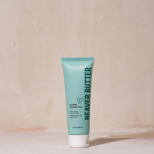 Front view of the 88 ml / 3 fl. oz Beaver Butter Soothing Shaving Cream tube with teal and white branding.