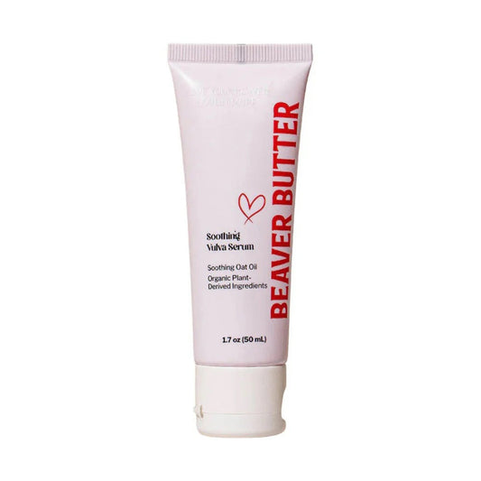 A clean packshot of the Beaver Butter Soothing Vulva Serum 1.7 oz (50 mL) tube, highlighting the red "BEAVER BUTTER" branding and organic ingredient claims.