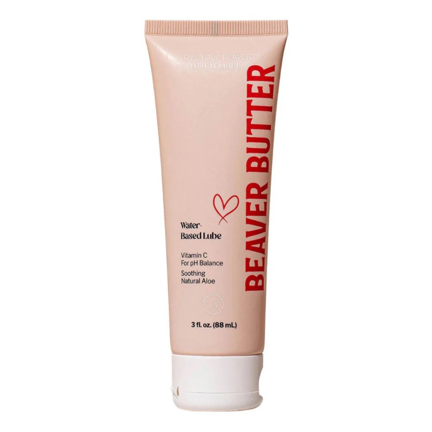 Front view of the 88 mL / 3 oz Beaver Butter personal lubricant tube featuring minimalist peach packaging and red typography.