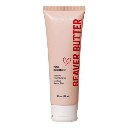 Front view of the 88 mL / 3 oz Beaver Butter personal lubricant tube featuring minimalist peach packaging and red typography.