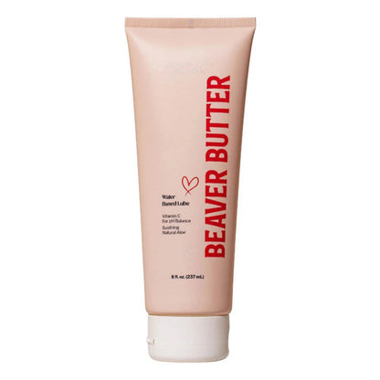 Studio shot of the 237 mL / 8 oz Beaver Butter water-based lubricant tube showing the flip-top cap and sleek branding.