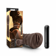 Load image into Gallery viewer, On the left side of the image is the product packaging. On the packaging is an African female, with lingerie, bent over in a sexual position, in the middle is the product name Hot Chocolate Brianna, on the bottom is the blush logo, and feature icons for: soft &amp; supple; Textured love canal; Open-ended; Includes vibrating bullet; IPX7 Waterproof, and on the bottom right corner is an image of the bullet with the stroker. Beside the packaging is the stroker, and standing beside is the vibrating bullet.