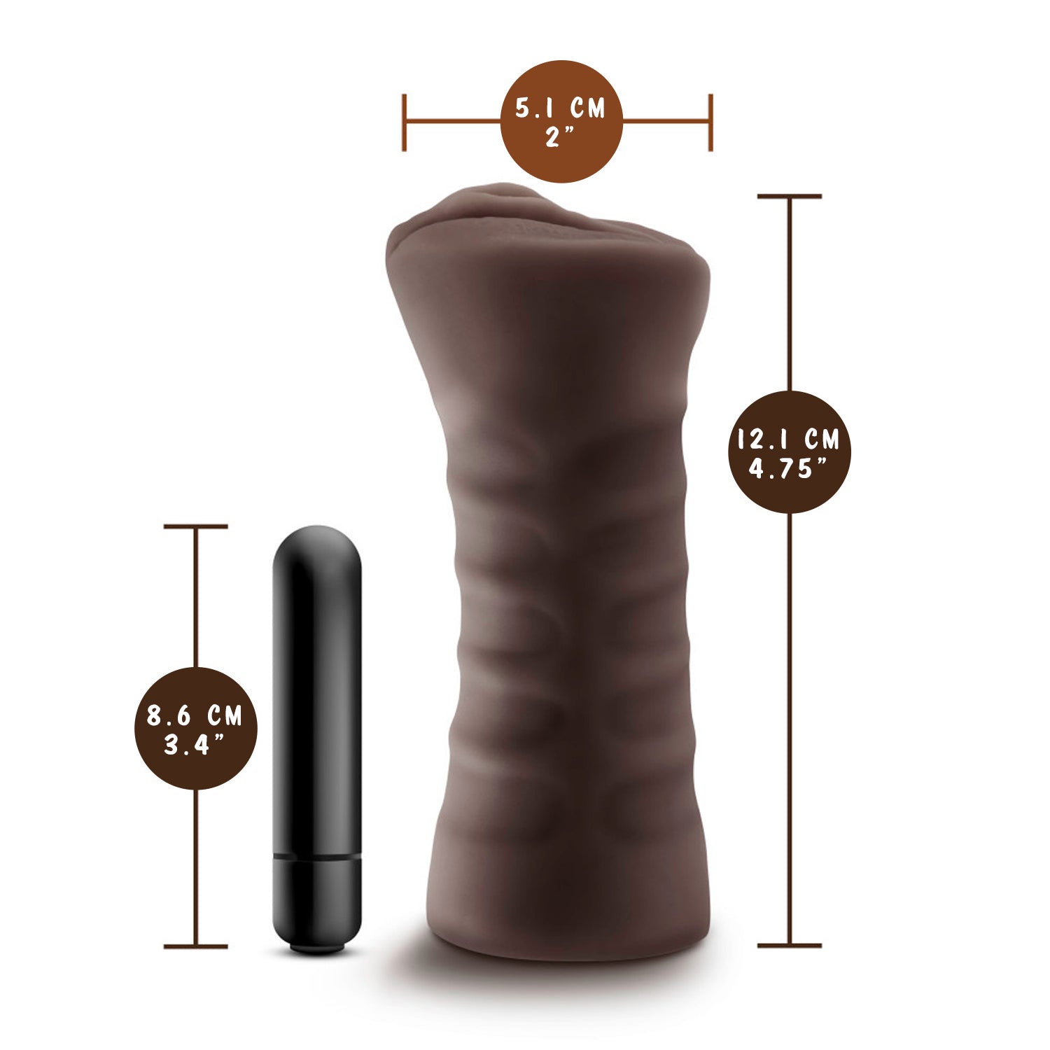 blush Hot Chocolate Brianna Vibrating Stroker measurements: Product width: 5.1 centimetres / 2 inches; Bullet length: 8.6 centimetres / 3.4 inches; Stroker length: 12.1 centimetres / 4.75 inches.