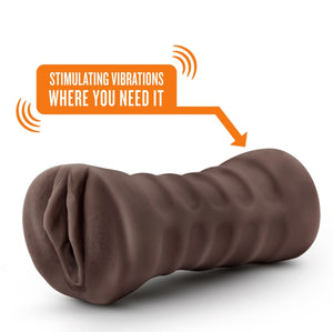 blush Hot Chocolate Brianna Vibrating Stroker laying flat on its side, with a text bubble pointing above "Stimulating vibrations where you need it".