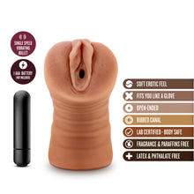 Load image into Gallery viewer, blush Julieta Vibrating Stroker features: SINGLE SPEED VIBRATING BULLET; 1 AAA BATTERY (NOT INCLUDED); SOFT EROTIC FEEL; FITS YOU LIKE A GLOVE; OPEN-ENDED; RIBBED CANAL; LAB CERTIFIED - BODY SAFE; FRAGRANCE &amp; PARAFFINS FREE; LATEX &amp; PHTHALATE FREE.