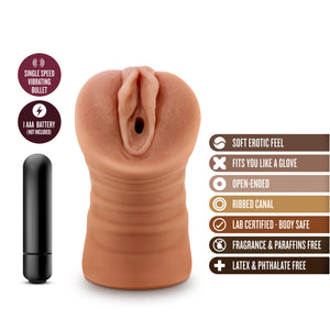 blush Julieta Vibrating Stroker features: SINGLE SPEED VIBRATING BULLET; 1 AAA BATTERY (NOT INCLUDED); SOFT EROTIC FEEL; FITS YOU LIKE A GLOVE; OPEN-ENDED; RIBBED CANAL; LAB CERTIFIED - BODY SAFE; FRAGRANCE & PARAFFINS FREE; LATEX & PHTHALATE FREE.