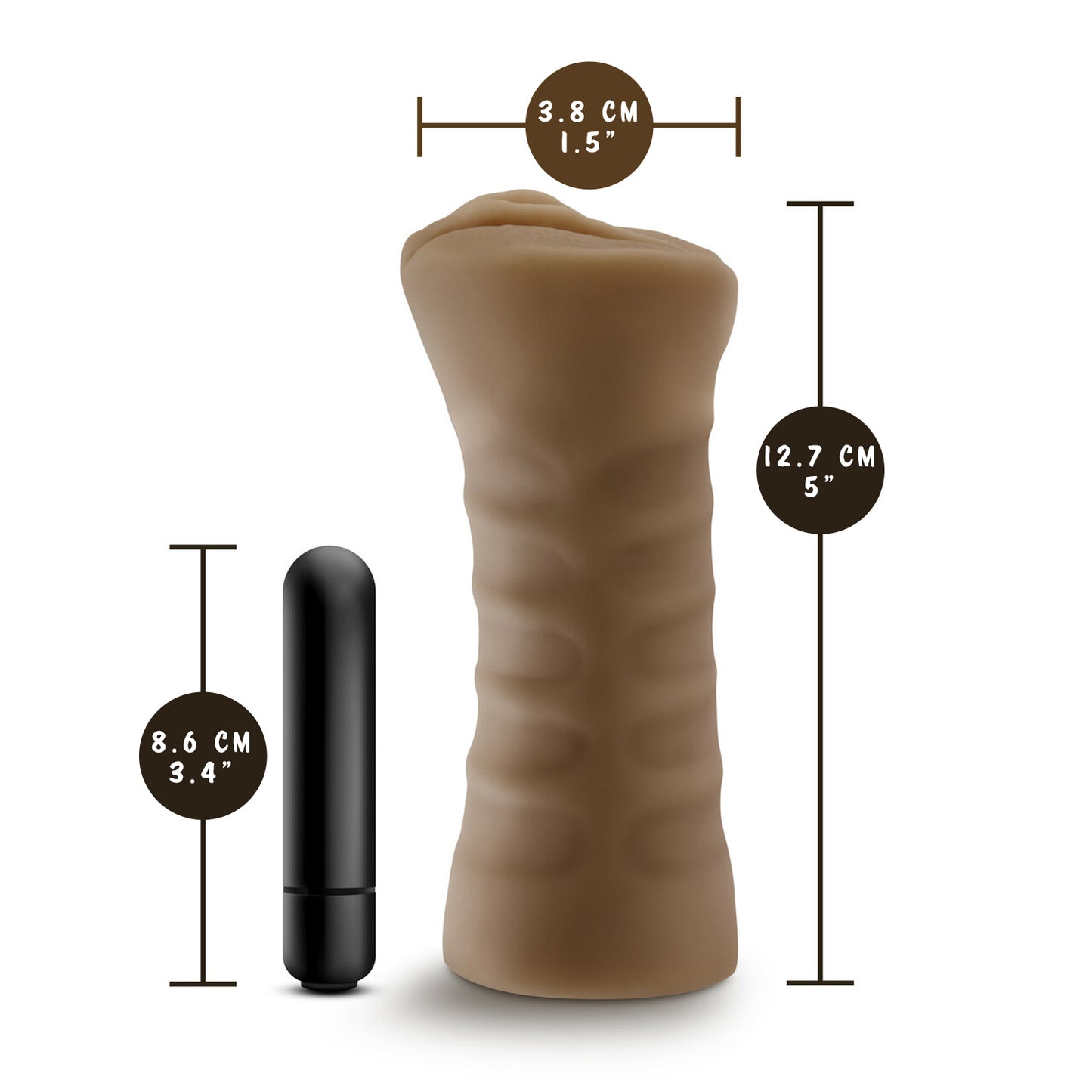 blush Julieta Vibrating Stroker measurements: Bullet length: 8.6 centimetres / 3.4 inches; Stroker width: 3.8 centimetres / 1.5 inches; Stroker length: 12.7 centimetres / 5 inches.