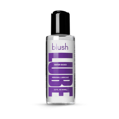 A clear bottle of water-based Blush personal lubricant in a 2.0 ounce size, ideal for sensitive skin and body-safe intimate play.