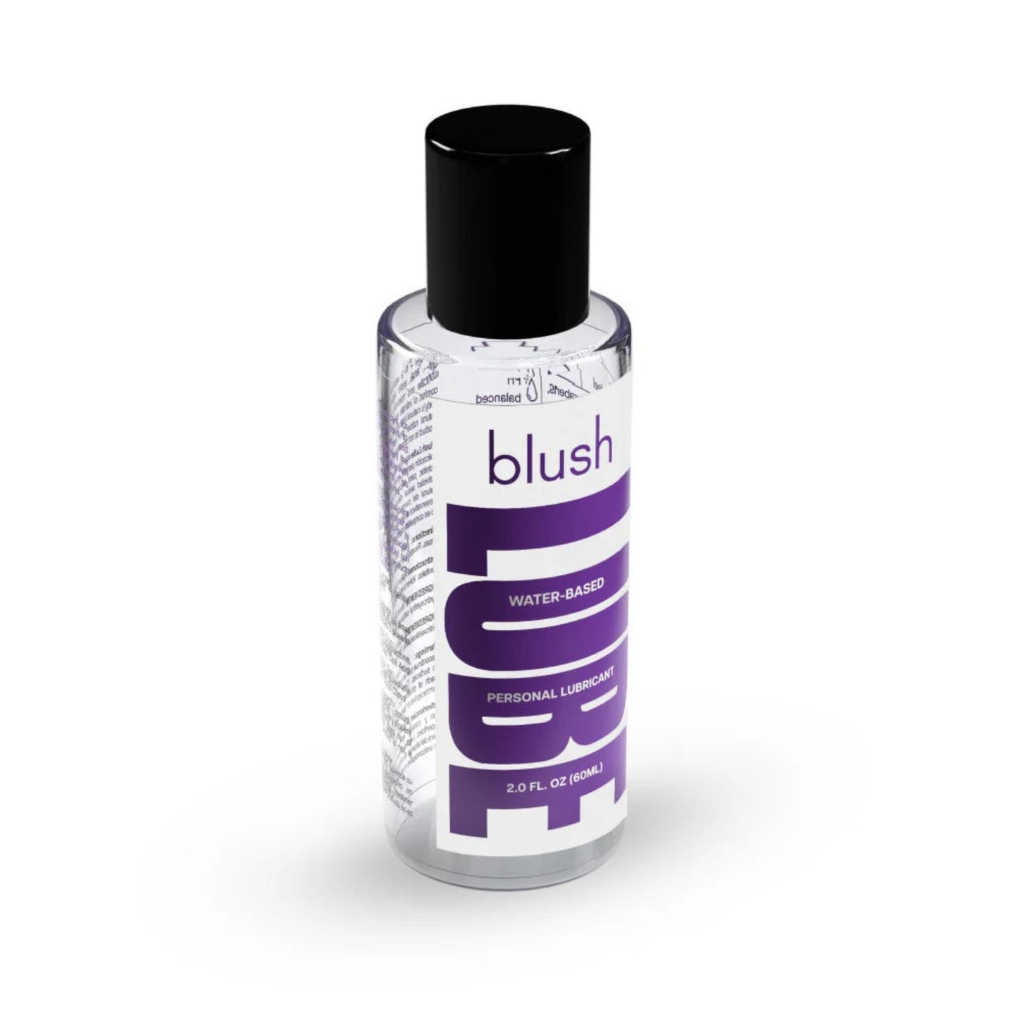A top-down angle of the 2.0 ounce Blush water-based personal lube bottle highlighting the secure, leak-proof black cap.