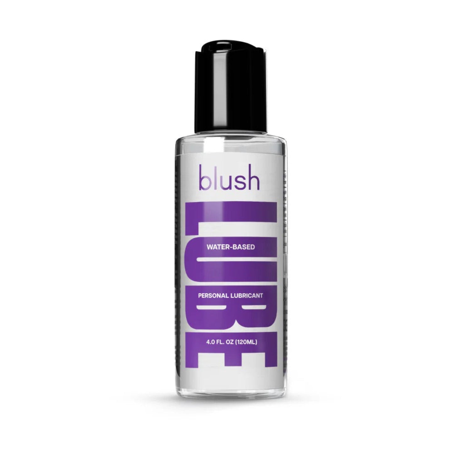 A clean, front-facing studio image of the 120 ml / 4.0 oz clear bottle of Blush water-based personal lubricant featuring its distinctive purple label.