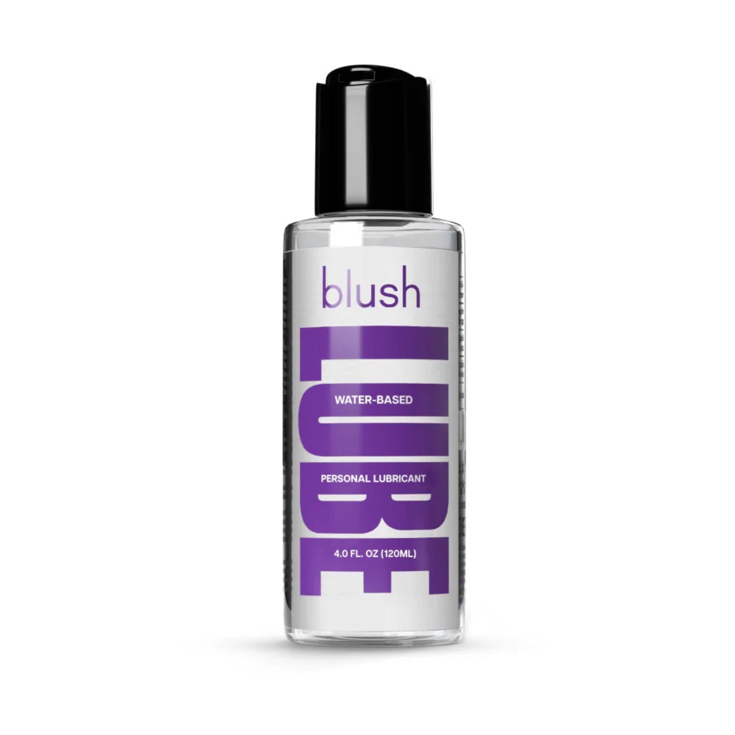 A clean, front-facing studio image of the 120 ml / 4.0 oz clear bottle of Blush water-based personal lubricant featuring its distinctive purple label.