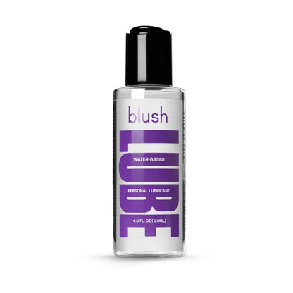 A clean, front-facing studio image of the 120 ml / 4.0 oz clear bottle of Blush water-based personal lubricant featuring its distinctive purple label.