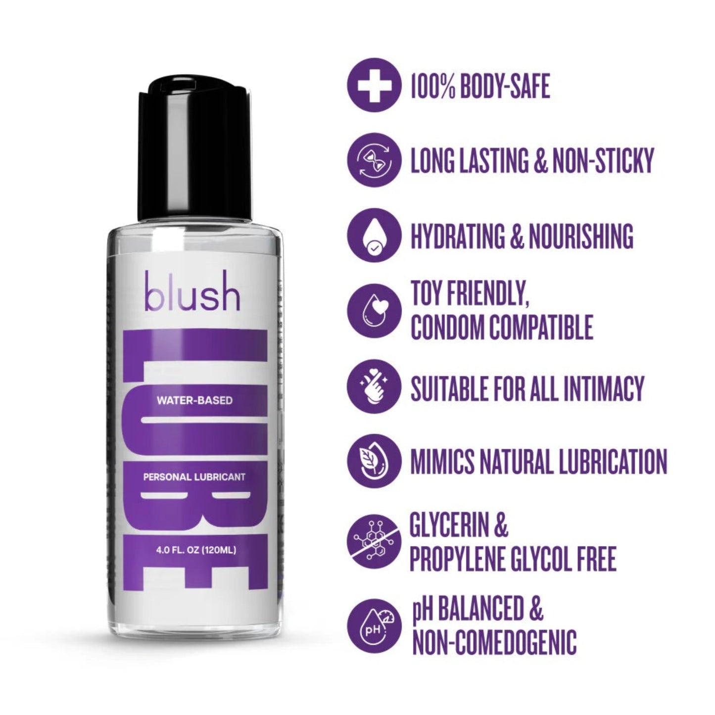 A 120 ml / 4.0 oz bottle of Blush water-based personal lubricant displayed alongside a bulleted list of benefits, including 100% body-safe, long-lasting, hydrating, toy-friendly, and pH-balanced.