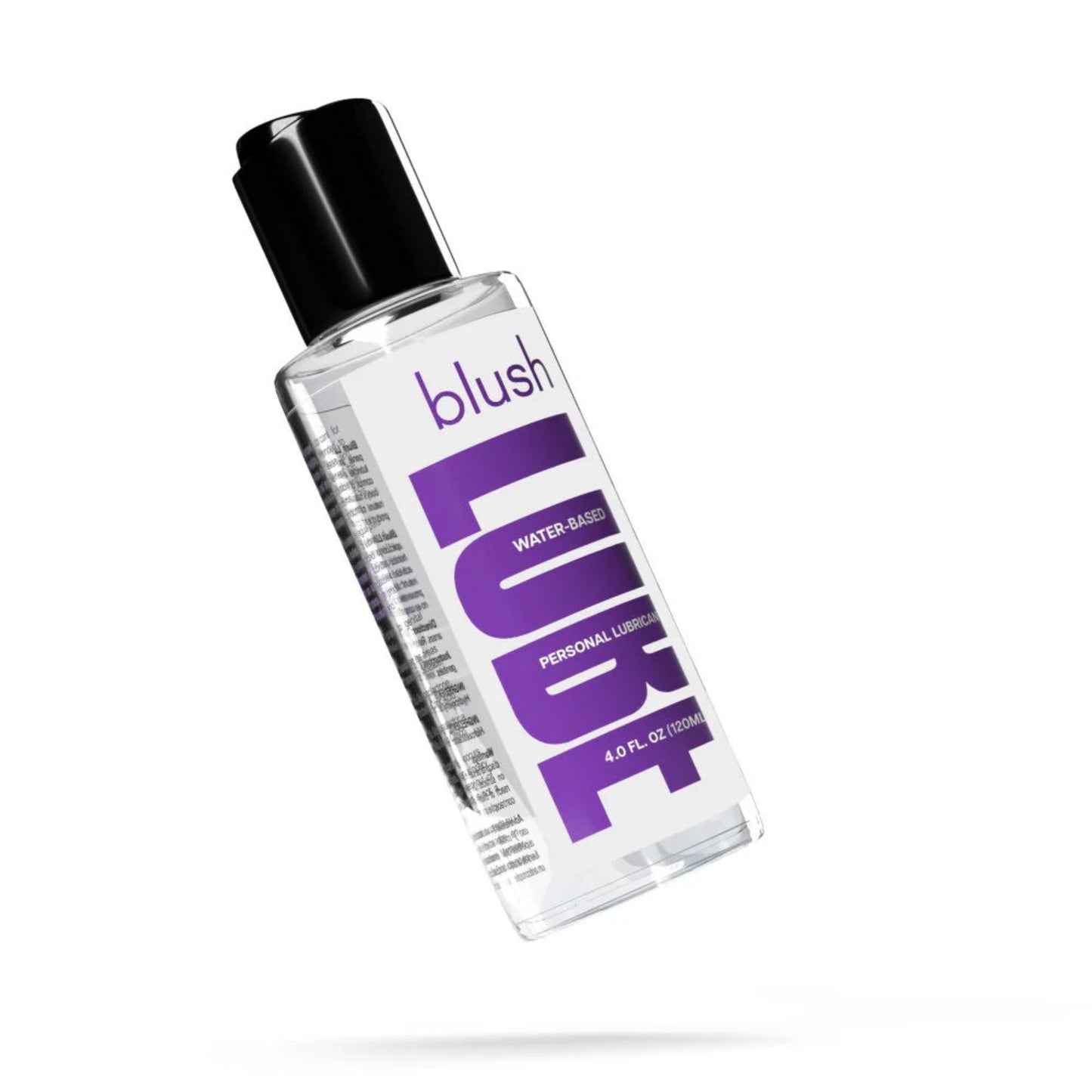 A diagonal view of a 4.0 fluid ounce (120ml) bottle of Blush water-based personal lubricant, showcasing the sleek purple and white product label.