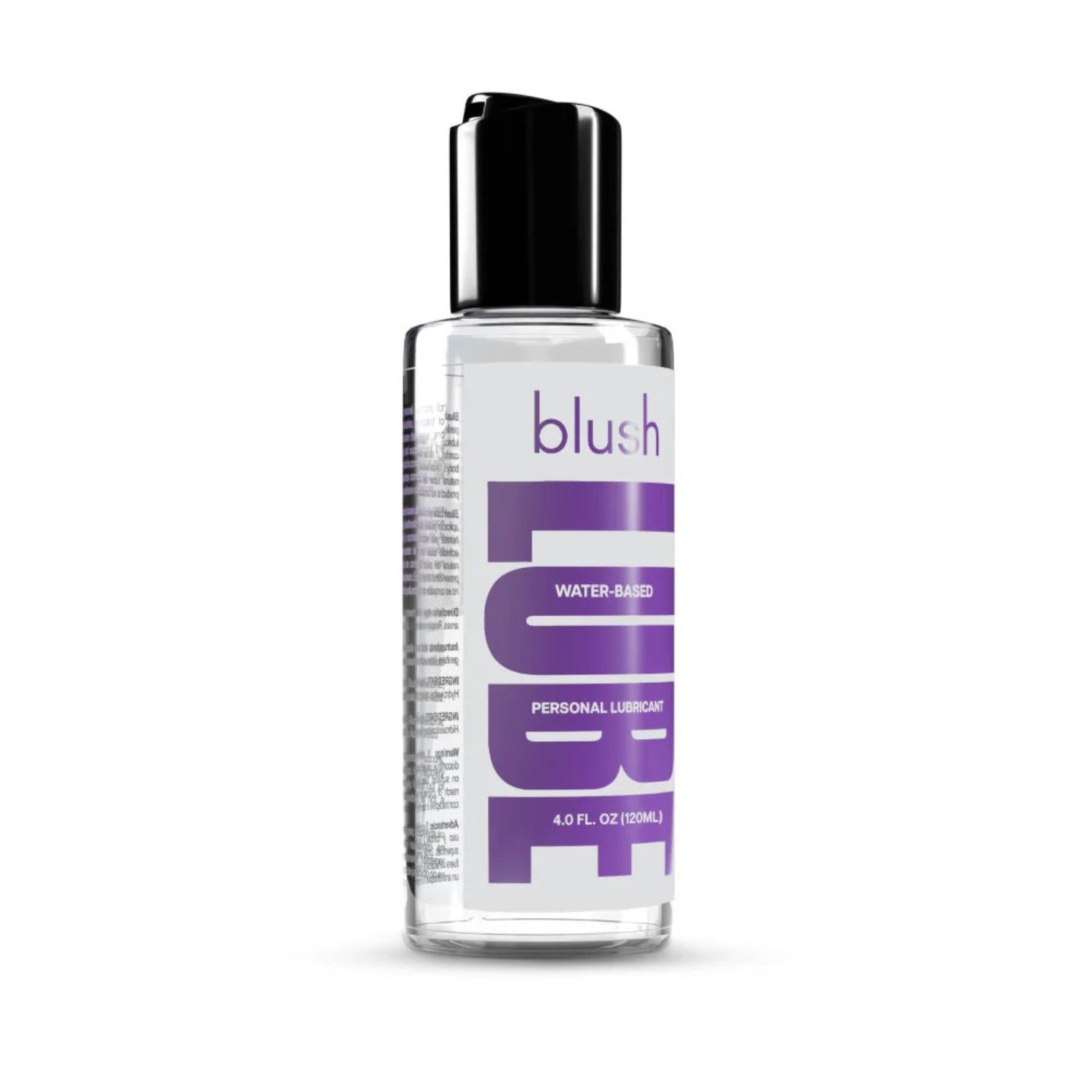 A straight-on front view of the larger 4.0 ounce bottle of Blush water-based personal lubricant, perfect for frequent use and couples play.