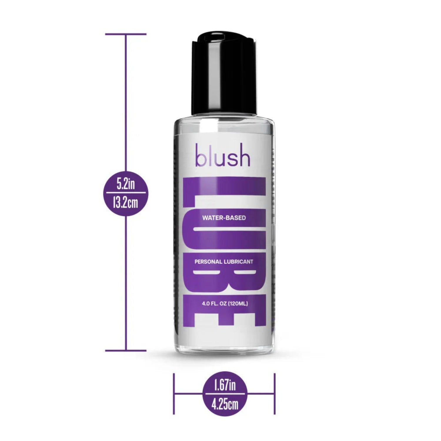 A graphic detailing the dimensions of the 4.0 ounce Blush lubricant bottle, measuring 5.2 inches (13.2 cm) tall and 1.67 inches (4.25 cm) wide.