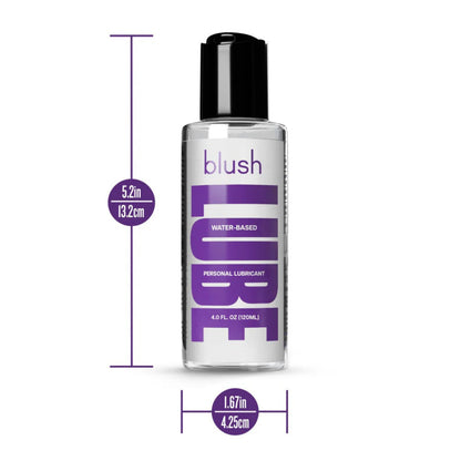 A graphic detailing the dimensions of the 4.0 ounce Blush lubricant bottle, measuring 5.2 inches (13.2 cm) tall and 1.67 inches (4.25 cm) wide.