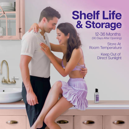 A happy couple embracing in a kitchen setting with a bottle of Blush water-based lubricant on the counter, displaying its 12 to 36-month shelf life and room temperature storage instructions.
