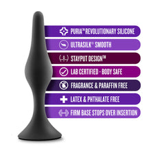 Load image into Gallery viewer, blush Anal Adventures Platinum 100% Silicone Beginner Plug features: PURIA REVOLUTIONARY SILICONE; ULTRASILK SMOOTH; STAYPUT DESIGN; LAB CERTIFIED - BODY SAFE; FRAGRANCE &amp; PARAFFIN FREE; LATEX &amp; PHTHALATE FREE; FIRM BASE STOPS OVER INSERTION.