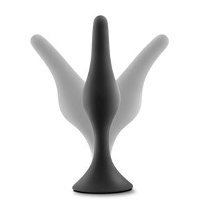 blush Anal Adventures Platinum 100% Silicone Beginner Plug, standing on its base, with visual illustrations showing the tip bent in seperate ways, demonstrating the flexibility of the product.