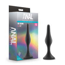 Load image into Gallery viewer, On the left side of the image is the product packaging. On the left side of packaging is the Anal Adventures logo. On the front of the packaging is the Anal Adventures Platinum logo, product name: 100% silicone Large Plug, product feature icons for: Ultrasilk silicone; Plug .75&quot; width, in the middle is a side image of the product standing on its base, and the blush logo in the bottom left. Beside the packaging is the product standing on its base.
