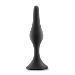 Side view of the blush Anal Adventures Platinum 100% Silicone Large Plug, standing on its base.